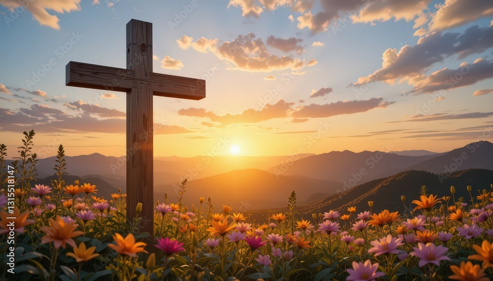 Sunrise over the Mountains, a Wooden Cross in a Field of Flowers Sunrise over the Mountains, a Wooden Cross in a Field of Flowers