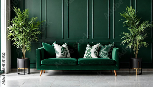 a green modern living room with a green sofa