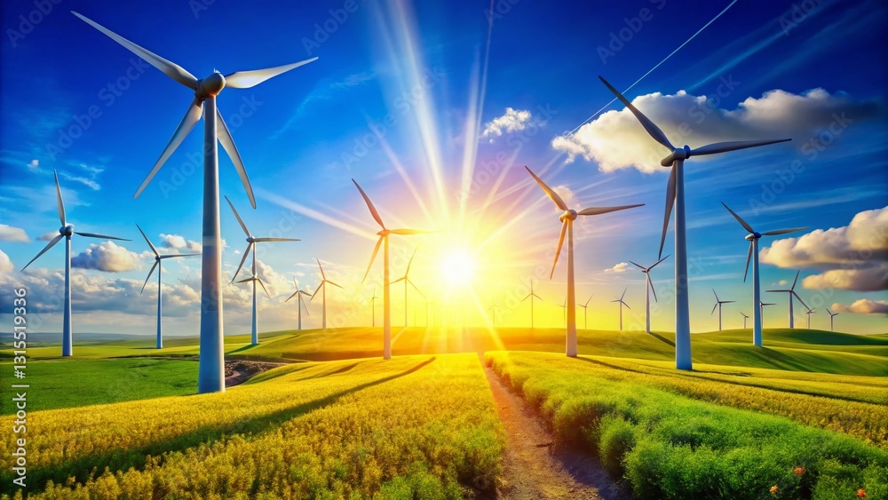 Majestic Wind Turbines in a Vast Field - Renewable Energy Power Generation Majestic Wind Turbines in a Vast Field - Renewable Energy Power Generation
