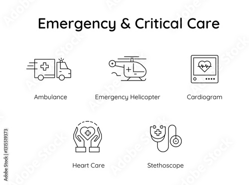 Emergency Critical Care – Life-Saving Medical Response Services icons set.