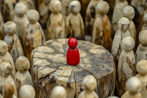 Bystander effect concept: Wooden figurines and in the middle lies a red one. Effect and Individuality,onlooker, spectator,  witness