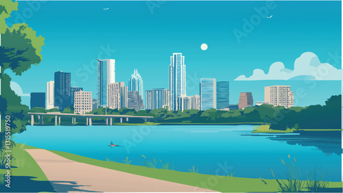 Austin Texas Night Sky with Cityscape in Vector Art .eps