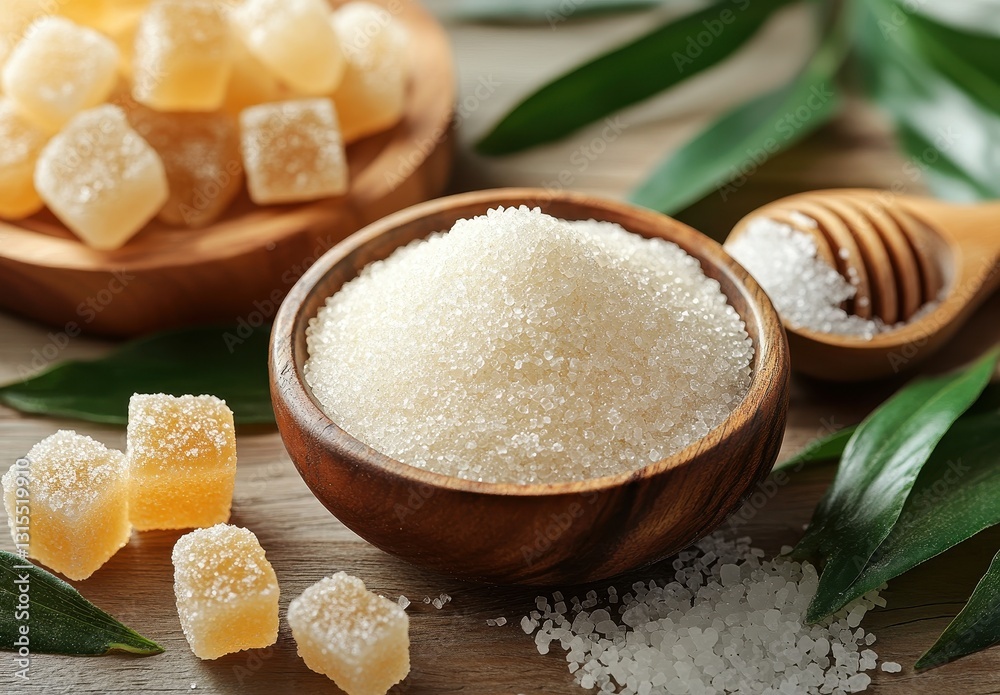 Close-up of natural sugar variations in wooden bowls with green leaves and honey dipper, showcasing the sweetness and texture of sugar products Close-up of natural sugar variations in wooden bowls with green leaves and honey dipper, showcasing the sweetness and texture of sugar products