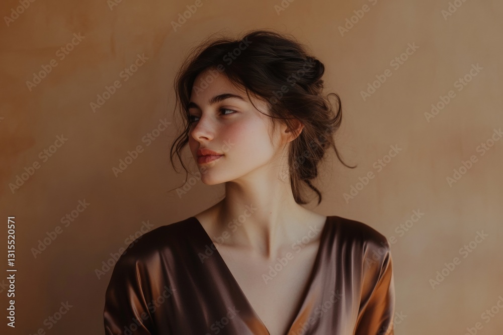 Elegant portrait of young caucasian female with subtle expression and soft lighting Elegant portrait of young caucasian female with subtle expression and soft lighting