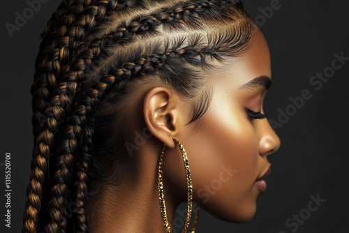 Profile of beautiful african young woman with braided hair and gold hoop earrings