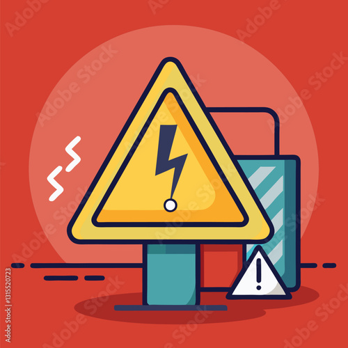 a flat illustration, a caution board hazard warning, attention sign, red background