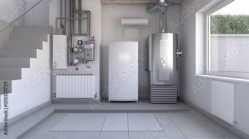 Modern heating system setup in a basement featuring gas boiler, electric boiler, and control equipment