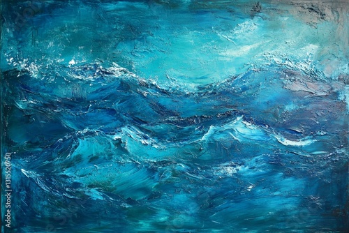 Turbulent ocean waves in abstract blue acrylic painting