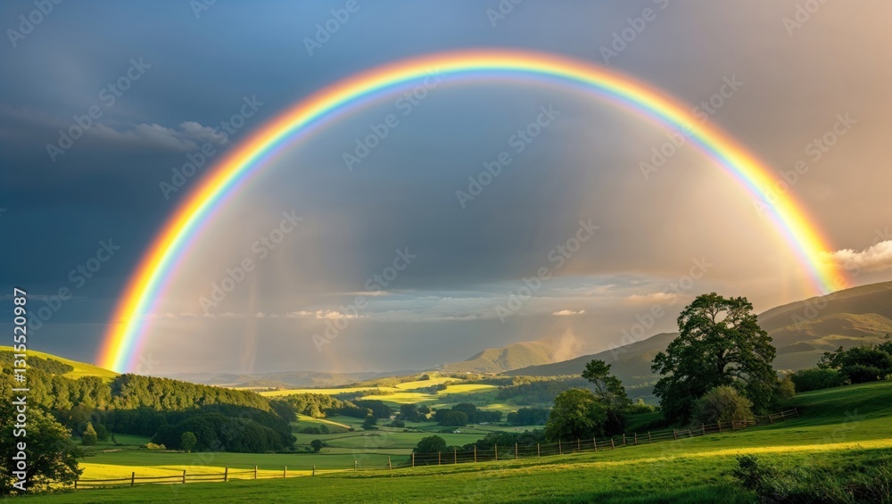 Naklejka premium A vibrant rainbow arcs over lush green hills under a dramatic sky.