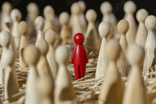 Bystander effect concept: Wooden figurines and in the middle lies a red one. Effect and Individuality,onlooker, spectator,  witness