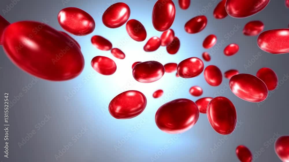 Shiny red blood cells are flowing through vein or artery on a light blue background Shiny red blood cells are flowing through vein or artery on a light blue background