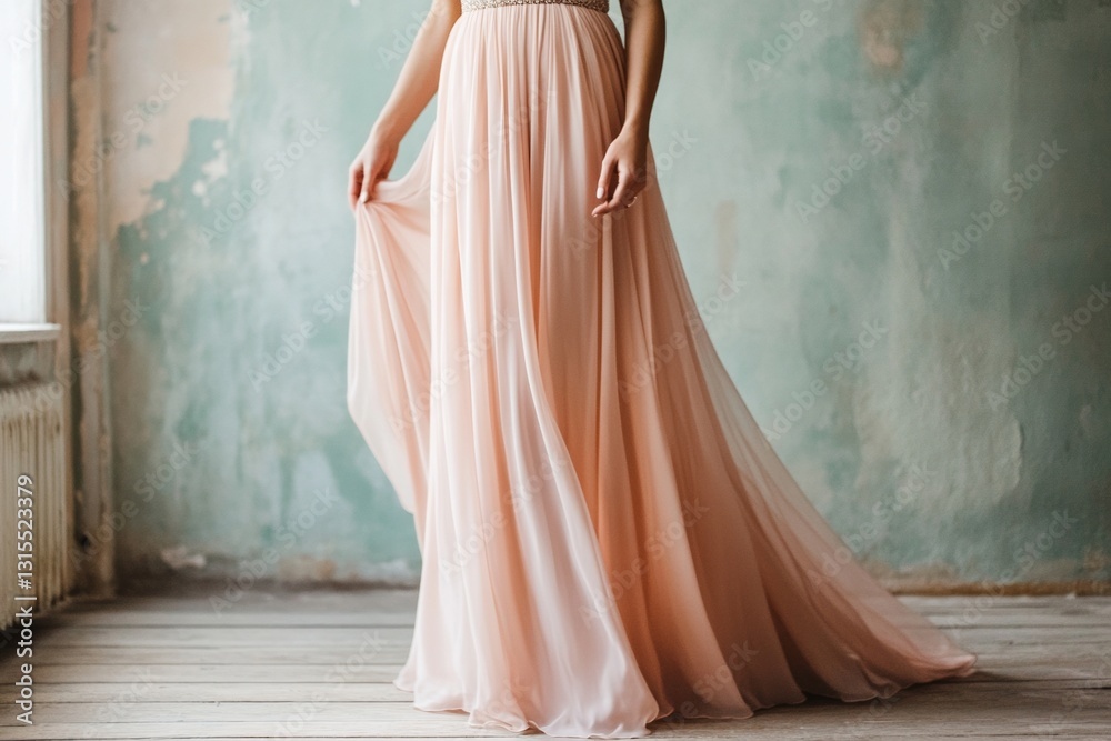 Female in elegant flowing peach dress against antique wall Female in elegant flowing peach dress against antique wall