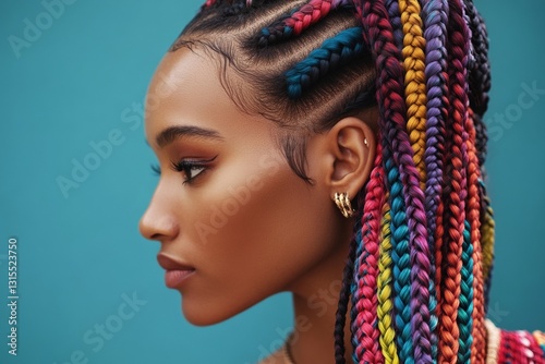 Profile of young african female with vibrant multicolored braided hairstyle photo