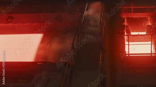 A red-hot sheet of metal rolls down a conveyor at a steel production plant.