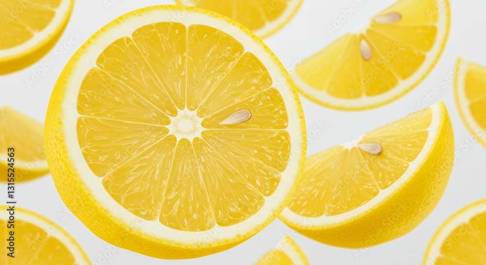 Fototapeta premium Floating Lemon Slices Showcasing Freshness and Juiciness Against a Bright Backdrop