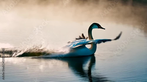 Graceful swan launching, wings beating intensely over rippling water surface