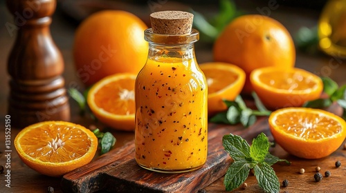 Authentic fresh orange salad dressing in a bottle for healthy cooking and diet recipes perfect for epicureans looking to enjoy flavorful low-calorie food and cookery