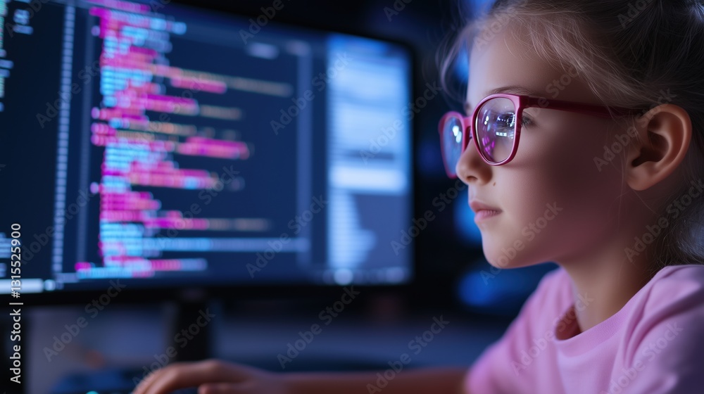 Young Coder: A young girl with glasses is focused on a computer screen filled with code. This image captures the essence of learning, technology, and the future. Young Coder: A young girl with glasses is focused on a computer screen filled with code. This image captures the essence of learning, technology, and the future.