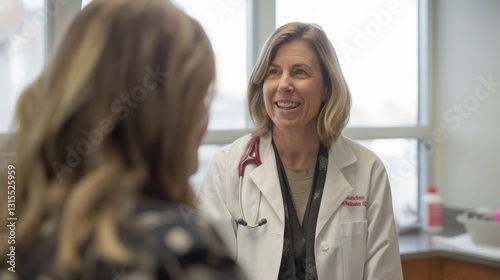 A doctor discusses health concerns with a patient in a modern clinic, emphasizing care and attentiveness during the consultation