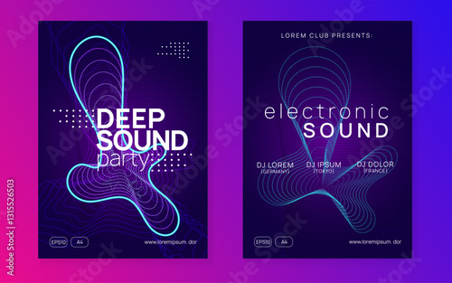 Techno Event. Violet Edm Flyer. Electro Cover. Blue Dj Banner. Sound Design. Nightclub Audio Illustration. Party Concert Element. Green Techno Event
