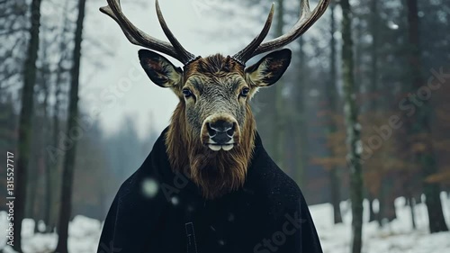 Mysterious figure wearing a cloak and deer mask in a dense forest during winter