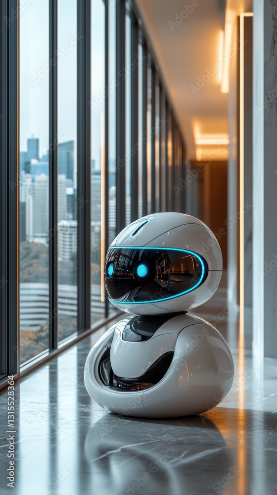 Fototapeta premium Futuristic ai chatbot floating in a modern office with city view
