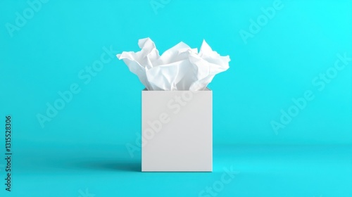 White square box filled with crumpled white tissue paper on a teal background.