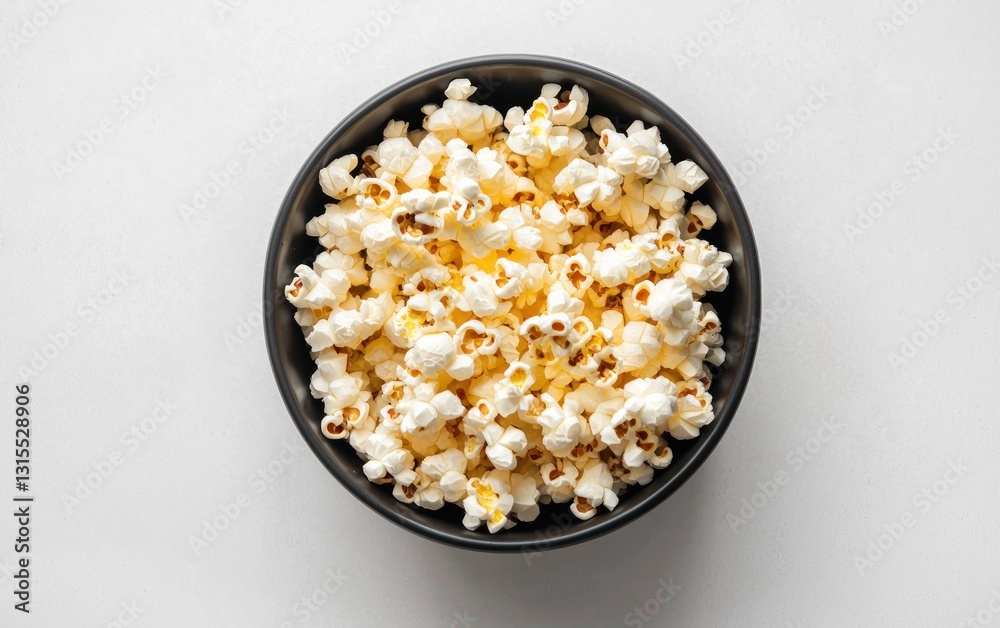 Overhead view of a dark bowl filled with fluffy popcorn on a light gray surface Overhead view of a dark bowl filled with fluffy popcorn on a light gray surface