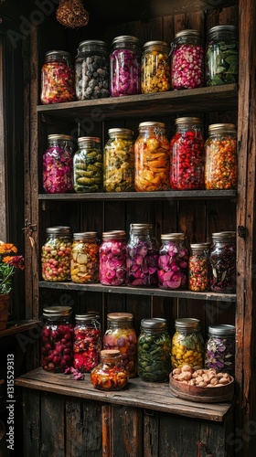 Wallpaper Mural Vibrant homemade preserves beautifully organized on wooden shelves Torontodigital.ca