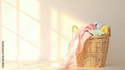 Soft pastel clothes in wicker laundry basket, sunlight.