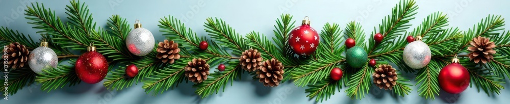 Christmas wreath made of evergreen branches and decorated with small ornaments and pinecones, winter, ornaments, garland Christmas wreath made of evergreen branches and decorated with small ornaments and pinecones, winter, ornaments, garland