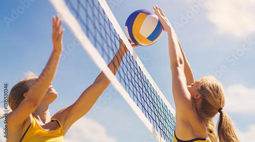 Beach Volleyball Action Two Players Jump at Net in Sunny Skies Competition Activity Outdoors Day