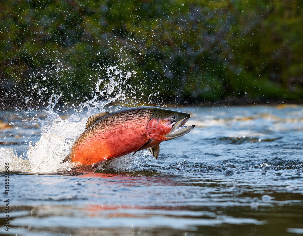 Fototapeta premium A vibrant salmon leaps out of the river, splashing water as it moves upstream against the current.