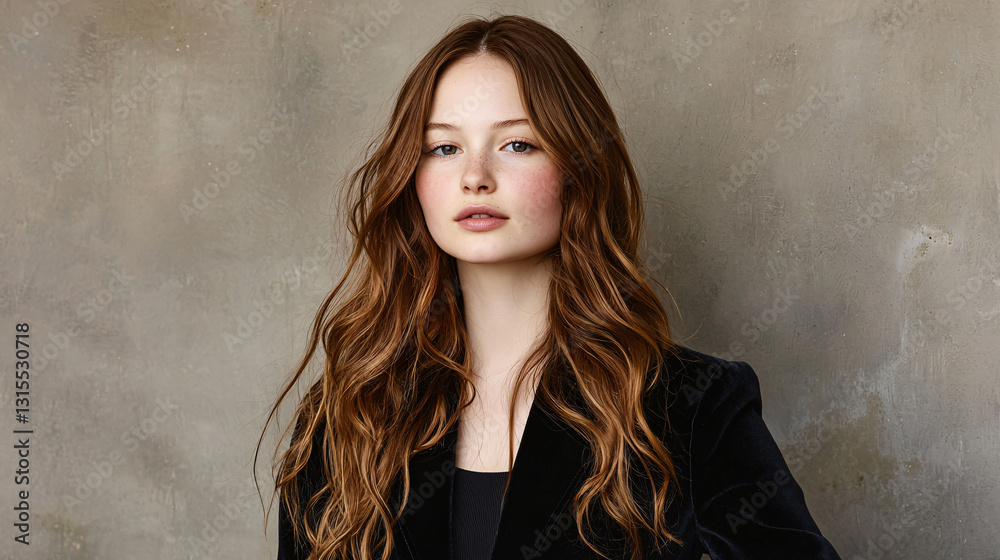 Fototapeta premium Elegant Woman with Auburn Hair and Freckles Posing in a Velvet Blazer Against a Textured Gray Backdrop