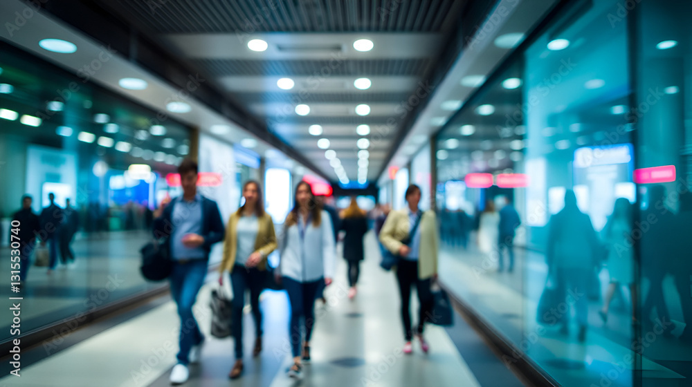 Blurred people walking in a modern, brightly lit urban corridor Blurred people walking in a modern, brightly lit urban corridor