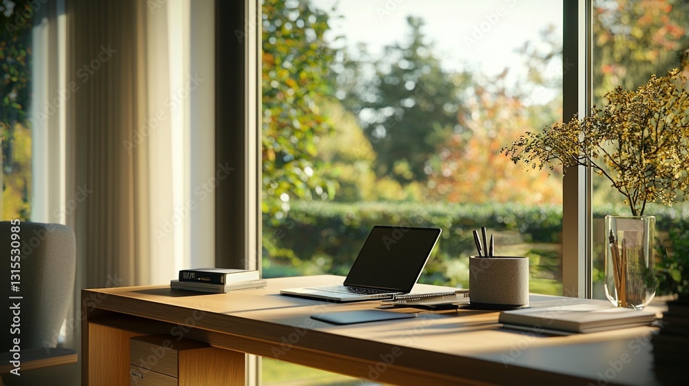 Fototapeta premium Sunlit home office desk with laptop, books, and plants; overlooking a garden.