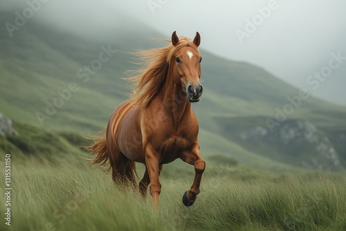 Chestnut Horse Running in Green Field