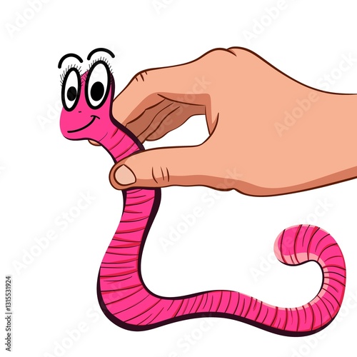 Hand holding a worm. Illustration of a hand and a worm. Cartoon style