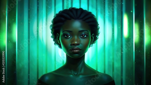 Digital woman face for AI technology concept. Reeded Glass. Ribbed Background. Model hidden behind mirror pattern. Green Glitched and corrupted female face. Beautiful girl.