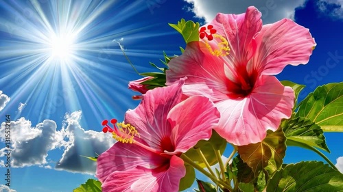 Vibrant Pink Hibiscus Flowers Basking in Bright Sunlight Against Clear Blue Sky with Fluffy Clouds, Highlighting Beauty of Nature and Essence of Sunny Day with Leaves and Sky in Background
