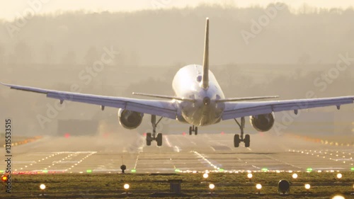 Passenger plane lands gracefully at sunset, showcasing air travel and tourism at its finest