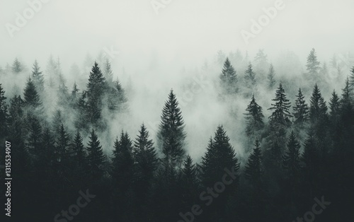 Pixel art of a misty forest at dawn. Dark green and teal pixelated trees are shrouded in fog, with subtle light speckles suggesting stars or fireflies.  A serene, atmospheric scene
