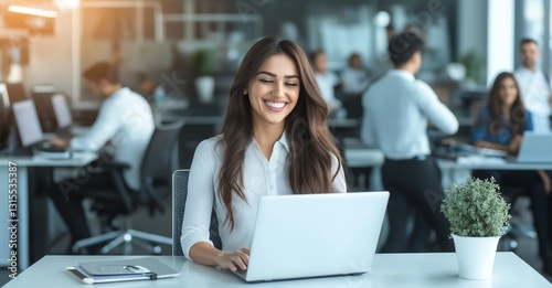 A confident woman smiles at her laptop in a modern office setting  showcasing professionalism and teamwork