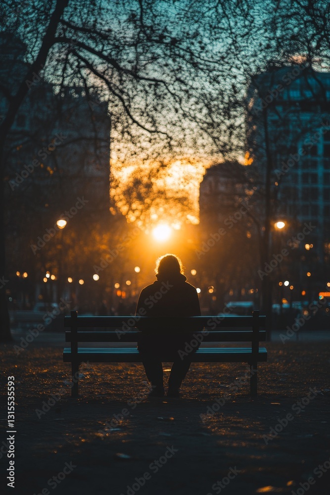 Fototapeta premium Silhouette of Person on Bench at Sunset
