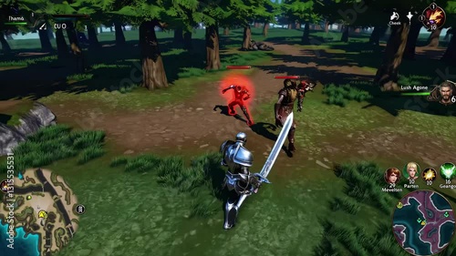 Third-person video game view of a knight in a lush forest, featuring vibrant graphics and a clear blue sky with fluffy clouds.