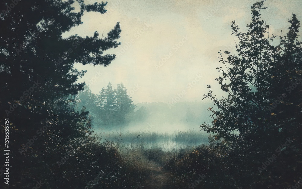 Naklejka premium Misty morning in a forest, viewed through dark evergreen trees. A path leads into a foggy clearing. Soft, muted colors and a slightly pixelated effect create a dreamy atmosphere