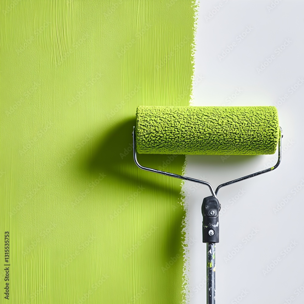 Obraz premium A paint roller positioned on a wall in a warm lime green color adding a fresh touch to interior design projects