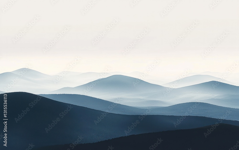 Serene landscape photograph depicting a range of mountains shrouded in mist under a pale sky. The image features a soft color palette of blues and grays, creating a tranquil atmosphere Serene landscape photograph depicting a range of mountains shrouded in mist under a pale sky. The image features a soft color palette of blues and grays, creating a tranquil atmosphere