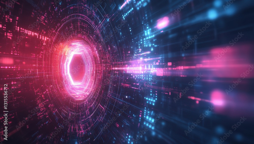 Fototapeta premium Futuristic abstract digital tunnel with neon lights and streaming data particles in vibrant colors offering a glimpse into advanced technology concepts
