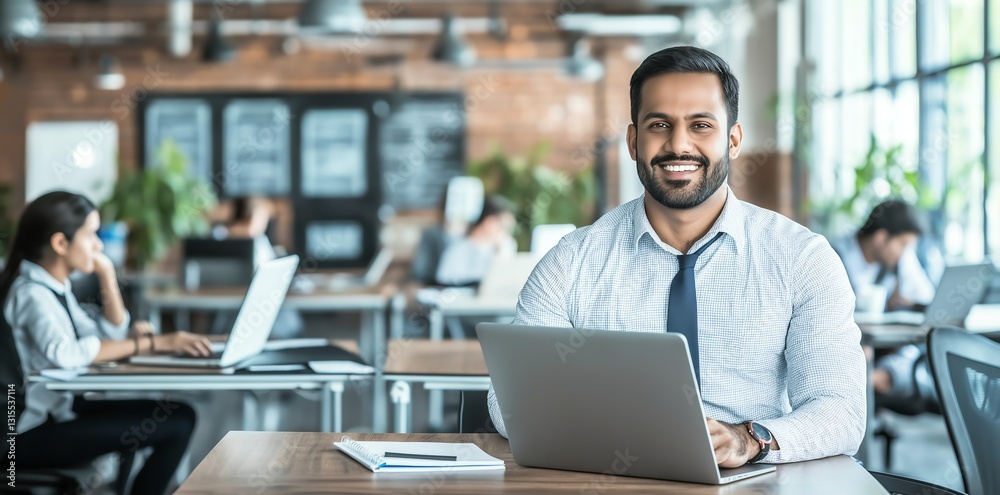 Fototapeta premium A professional man in a modern office environment, smiling while working on his laptop, surrounded by colleagues